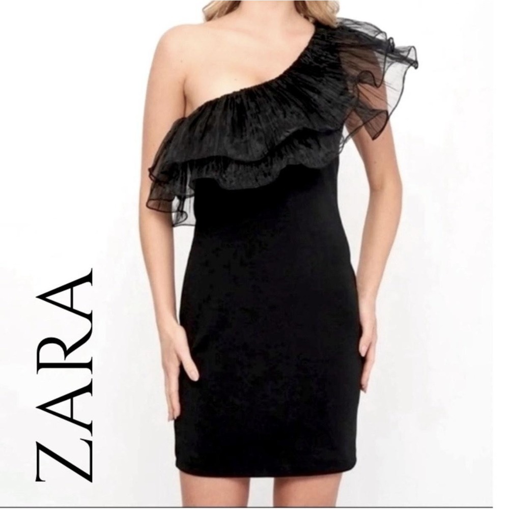 Zara Black Dress Small One Shoulder Organza Ruffle Whimsigoth Cocktail Party NEW